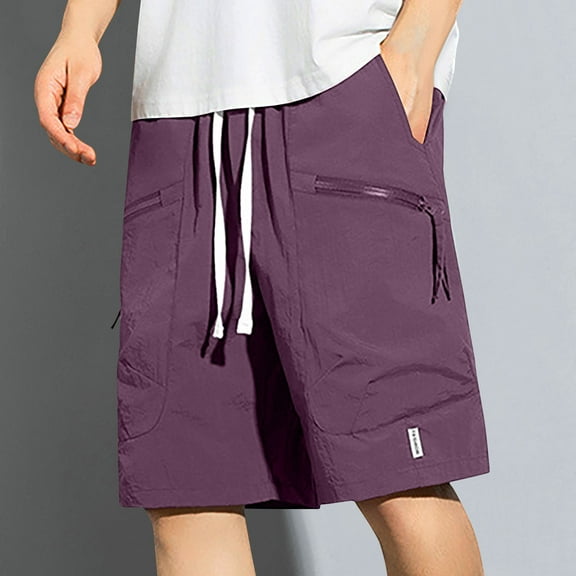 Mens Shorts Solid Color Training Elastic Waist Zipper Pocket Bermuda Shorts Purple L