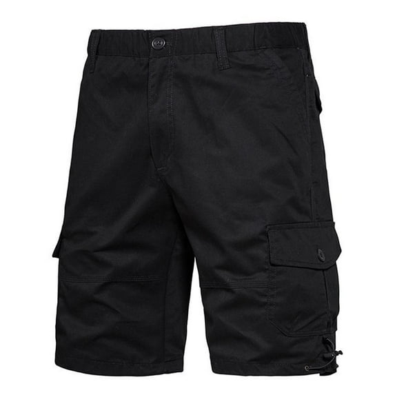 Mens Shorts Summer Solid Color Multi-Pocket Cargo Elastic Waist Button-Front Shorts Black XXXL