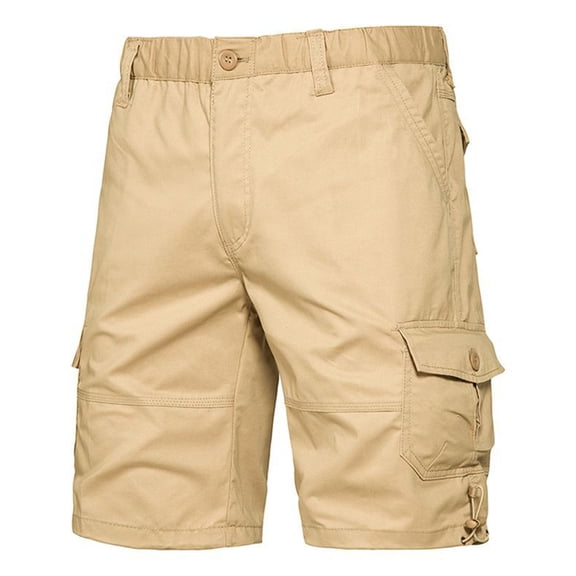 Mens Shorts Summer Solid Color Multi-Pocket Cargo Elastic Waist Button-Front Shorts Khaki XXXL