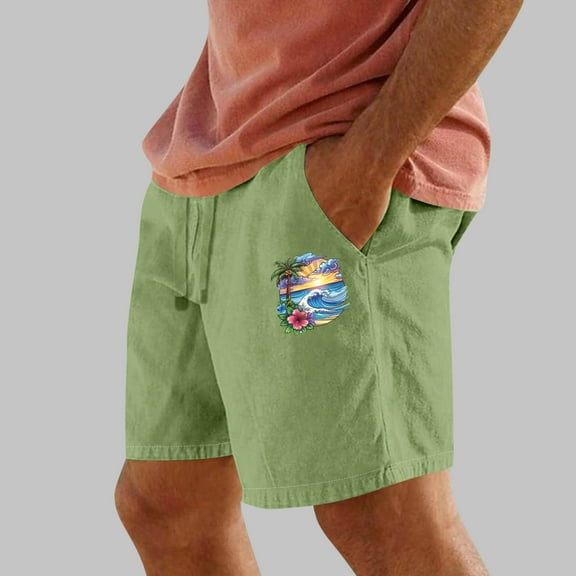 Mens Shorts Washed Crinkle Palm Tree Print Elastic Waist Straight-Leg Beach Shorts Green XL