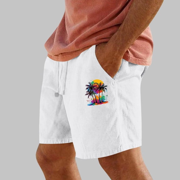Mens Shorts Washed Crinkle Palm Tree Print Elastic Waist Straight-Leg Beach Shorts White L