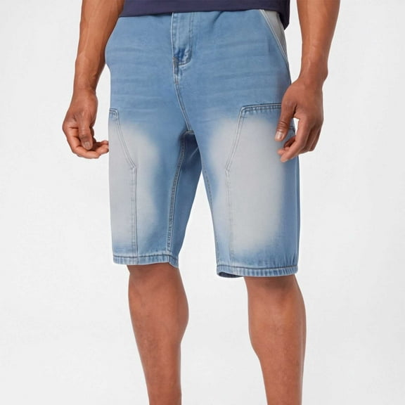 Mens Shorts Button Multi-Pocket Denim Casual Loose Shorts Jeans Blue L