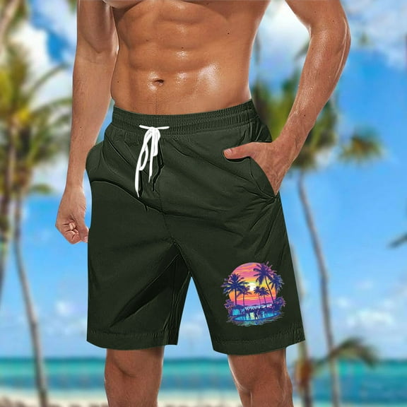 Mens Shorts Casual Hawaiian Print Elastic Waist Drawstring Beach Shorts Army Green S