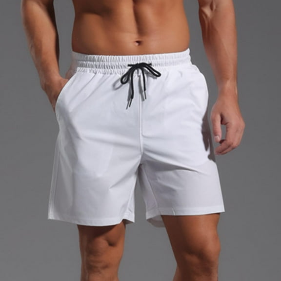 Mens Shorts Elastic Waist Casual Solid Shorts with Pocket Waterproof Outdoor Short Pants White L