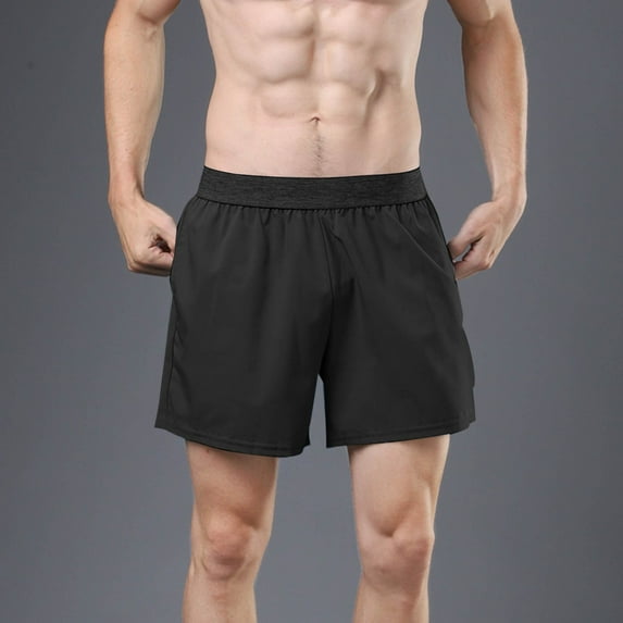 Mens Shorts Elastic-Waist Solid-Color Casual Sports Breathable Running Training Pocket Shorts Black L