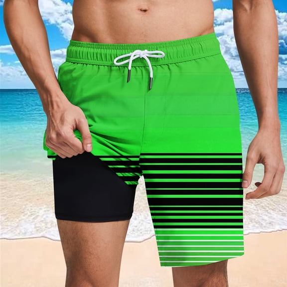 Mens Shorts Elastic Waist Stripe Print Lining Shorts with Pockets Casual Beach Shorts Green L