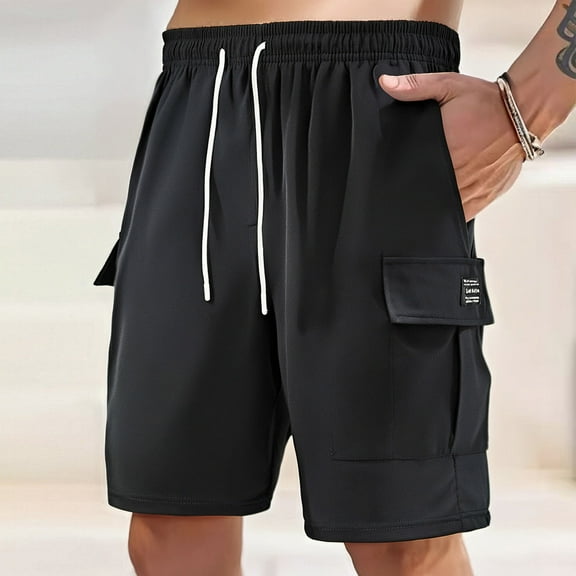 Mens Shorts Solid Color Training Elastic Waist Pocket Bermuda Shorts Black S