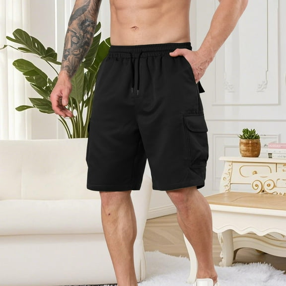 Mens Shorts Cotton Men Fashion Casual Comfy Solid Pocket Bandage Drawstring Regular Shorts Black M