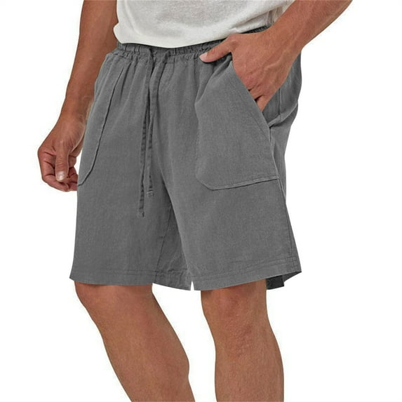 Mens Shorts Drawstring Waist Cotton Linen Solid Color Casual with Pockets Short Pants Gray L