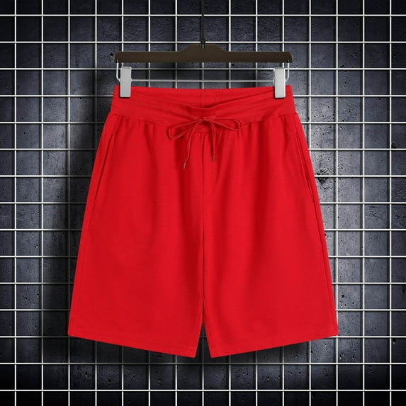 Mens Shorts Drawstring Waist Solid Color Casual Pockets Short Pants Red L