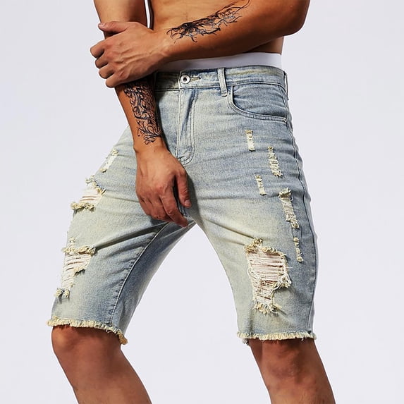 Mens Shorts Elastic Fitting Denim Casual Pocket Solid Color Shorts Gray 32