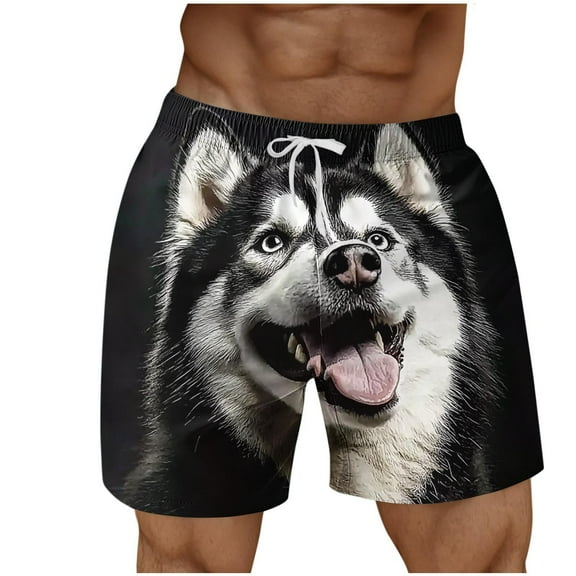Mens Shorts Elastic Waist Drawstring Casual Dog Print Shorts with Pockets Beach Pants Black XXXXL
