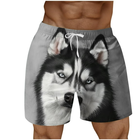 Mens Shorts Elastic Waist Drawstring Casual Dog Print Shorts with Pockets Beach Pants Gray XXXXL