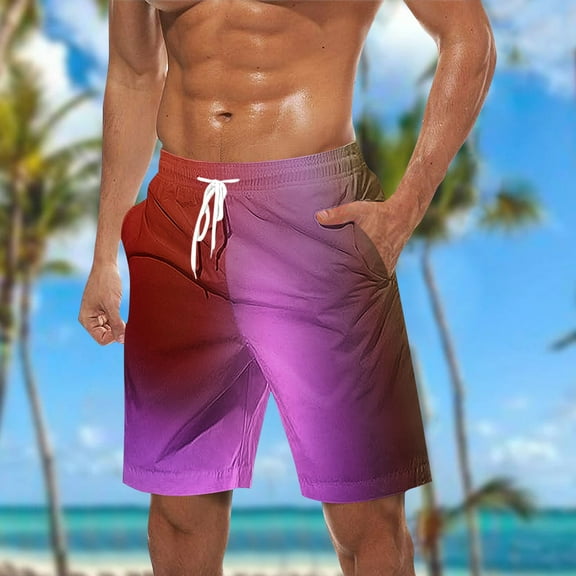 Mens Shorts Elastic Waist Drawstring Casual Gradient Print Shorts Beach Shorts with Pockets Hiking Short