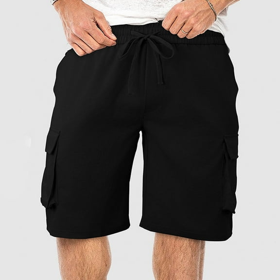 Mens Shorts Elastic Waist Drawstring Solid Color Loose Sports Fitness Straight-leg Work Shorts