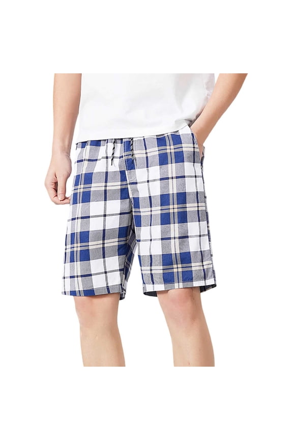 Mens Shorts European Checkered Striped Pocket Drawstring Bermuda Casual Shorts White L