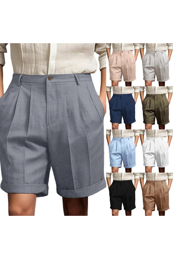 Mens Shorts High Waist Linen Pleated Formal Casual Rolled Cuff for Summer 07# Gray S