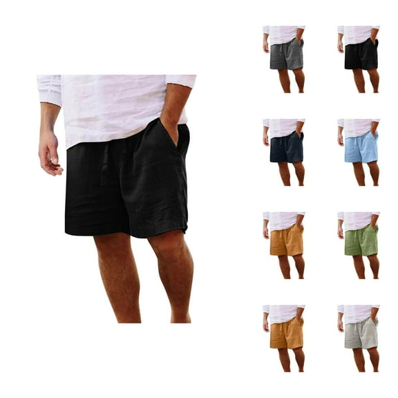 Mens Shorts Linen Blend Drawstring Waist, Casual Cotton Summer Shorts for Men, Lightweight Lounge Shorts with Pockets, Elastic Waist Shorts for Travel or Home Relaxation S-XXL, Black