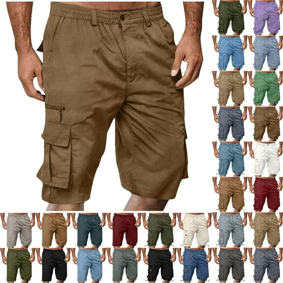 Mens Shorts Men Casual Button Zipper Solid Knee Length Cargo Pants With Pocket Straight Button Zipper Shorts Cargo Work Shorts Coffee M