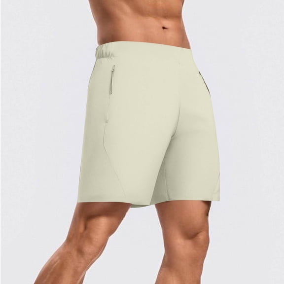 Mens Shorts Men Casual Fashion Loose Solid-Color Sports Commuting Zipper Pocket Elastic-Waist Half Shorts Pants Beige XL
