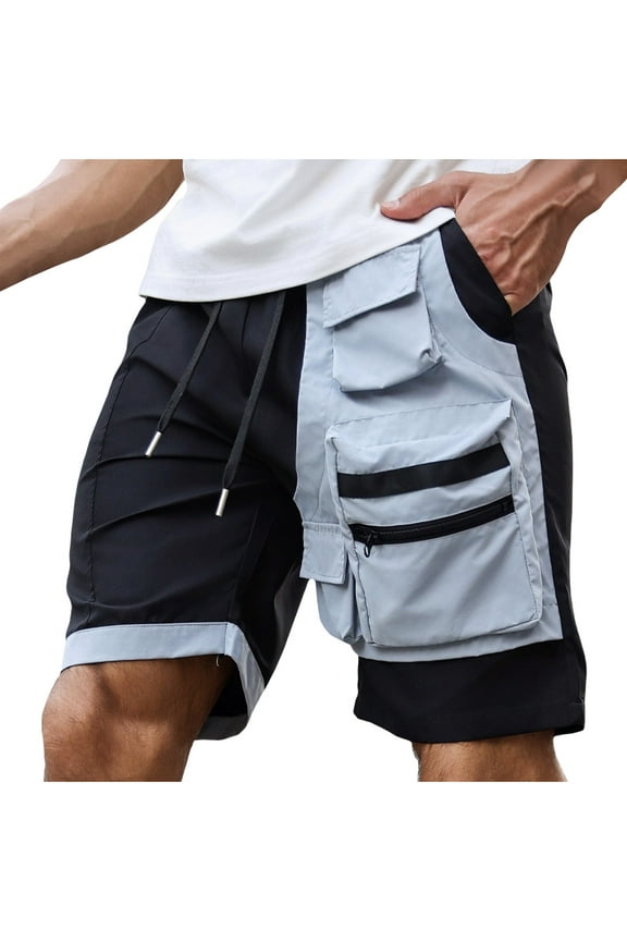 Mens Shorts, Men's Color Block Cargo Shorts, Elastic Waist Casual Drawstring Summer Outdoor Workwear Shorts with Zipper Pockets