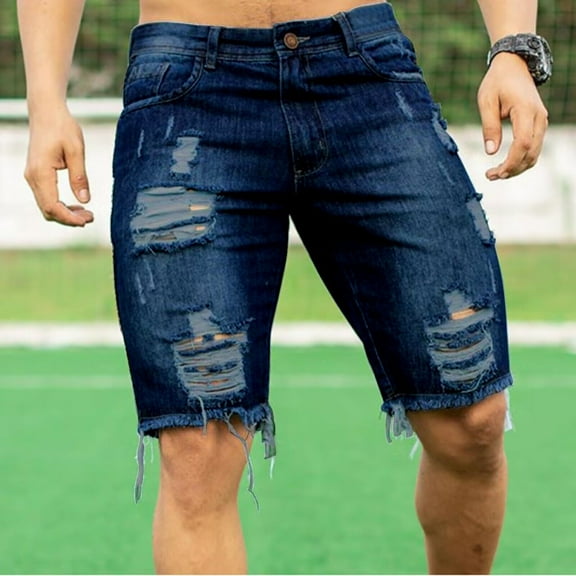 Mens Shorts Men's Jeans Shorts Ripped Distressed Denim Shorts With Broken Hole Distressed Stretchy Jeans Ripped Jean Shorts Cargo Shorts for Men Dark Blue L Cotton