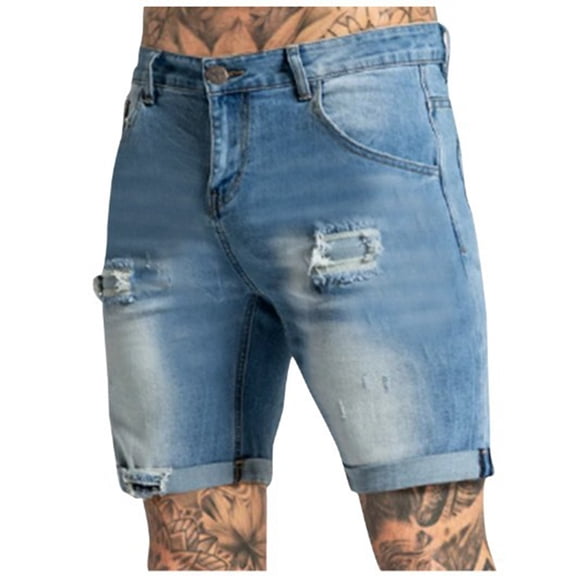Mens Shorts Men's Jeans Shorts Ripped Distressed Denim Shorts With Broken Hole Distressed Stretchy Jeans Ripped Jean Shorts Cargo Shorts for Men Sky Blue 2XL Cotton
