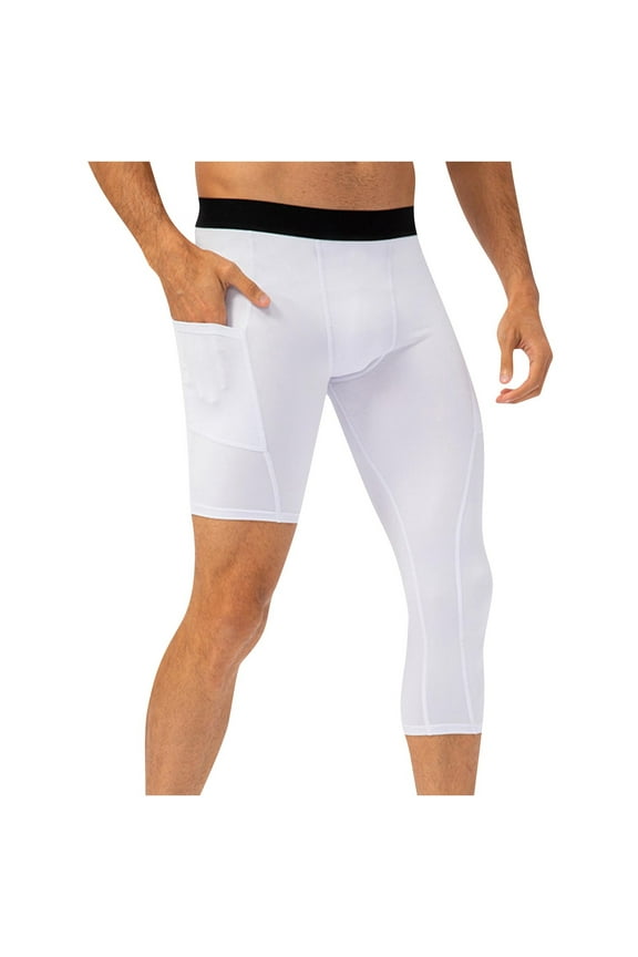 Mens Shorts, One Leg Compression Tights for Basketball Athletic Workout Gym Leggings with Pockets