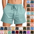 thumbnail image 1 of Mens Shorts Plus Size Cotton Linen Casual Shorts Color Solid Mens Shorts with Pockets Pull Rope Mens Shorts Elastic Waist Beach Shorts for Men Plus Size Sky Blue1 ,4XL, 1 of 8