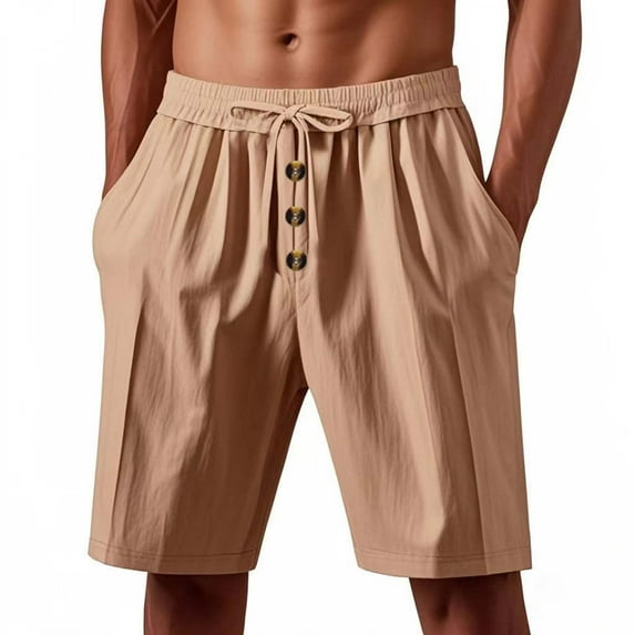 Mens Shorts Qiggri Men Versatile Fashion Solid Color Button Drawstring Elastic Waist Flax Shorts Mens Athletic Shorts