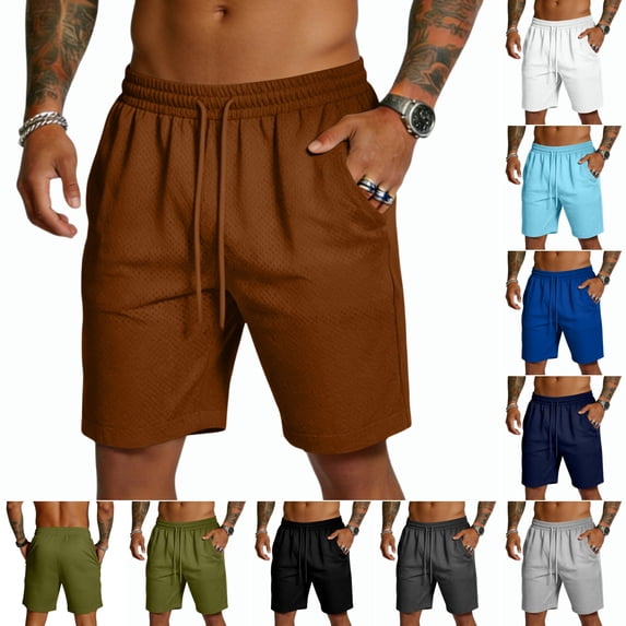 Mens Shorts Quick Dry Gym Drawstring Elastic Waist Shorts Athletic Workout Sports Lightweight Running Shorts with Zip Pockets Brown XL