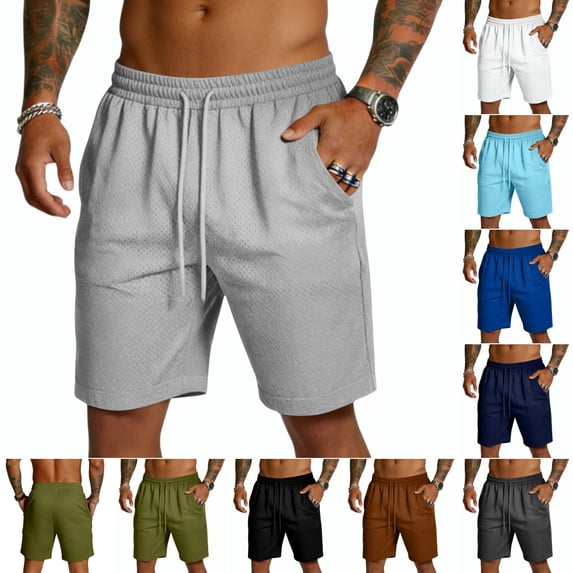 Mens Shorts Quick Dry Gym Drawstring Elastic Waist Shorts Athletic Workout Sports Lightweight Running Shorts with Zip Pockets Light Gray L
