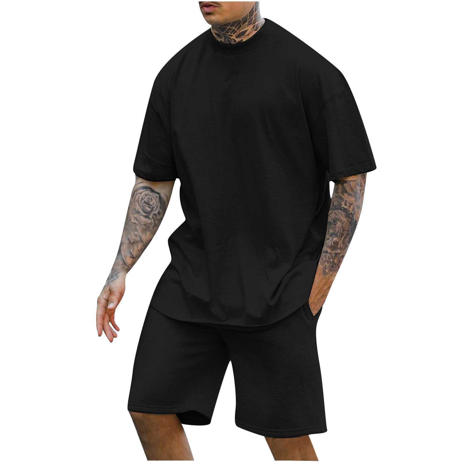 Mens Shorts Sets 2 Piece Outfits Short Sleeve Crew Neck T-shirts Tshirt Top  and Elastic Waist Short Joggers Suit (XX-Large, Black)