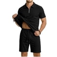 thumbnail image 1 of Mens Shorts Sets 2 Piece Outfits, Waffle Knit Short Sleeve 1/4 Zip Collared Pullover Top and Drawstring Short (M, Black), 1 of 8