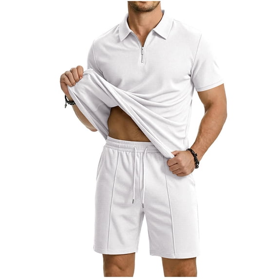 Mens Shorts Sets 2 Piece Outfits, Waffle Knit Short Sleeve 1/4 Zip Collared Pullover Top and Drawstring Short (XL, White)