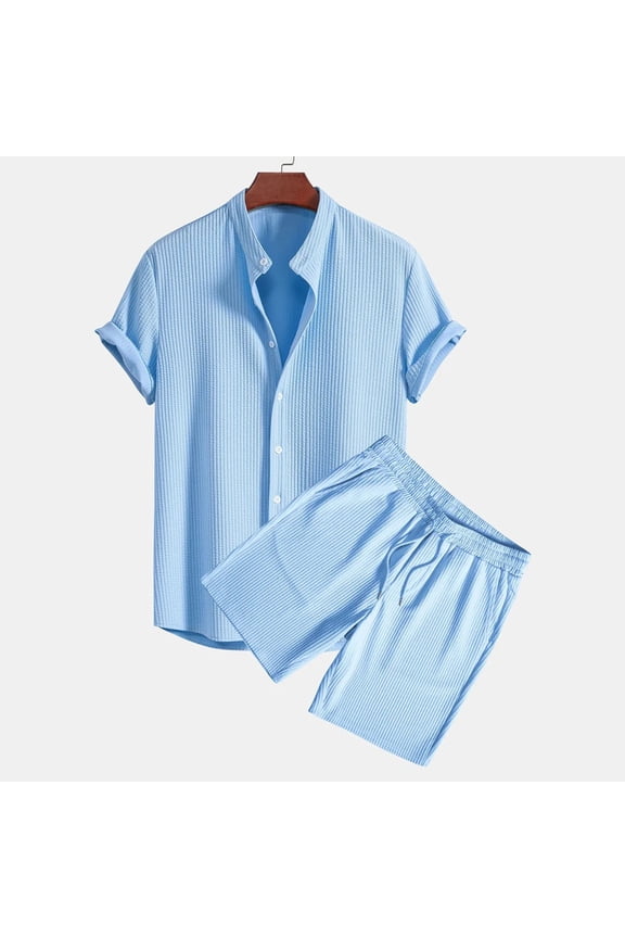 Mens Shorts and Shirt Outfits Summer Co Ord Set 2 Piece Short Sleeve Button Down Shirts & Short Pants with Pockets Vacation Beach Wedding Suits Solid Color Tracksuit Light Blue M