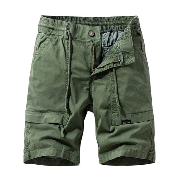 Mens Shorts Solid Color Straight Buttons Zipper Elastic Cargo Pants Multi Pockets Casual Half Trunks Beach Shorts,Green 36