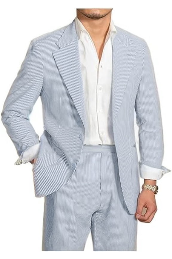 Mens Shorts Suits 2 Piece Seersucker Suit Slim Fit Two Button Blazer Short Pants Casual Set Summer Beach Wedding