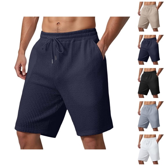 Mens Shorts Summer Casual Heavyweight Jacquard Elastic Waist Wide Straight Leg Beach Shorts with Pockets