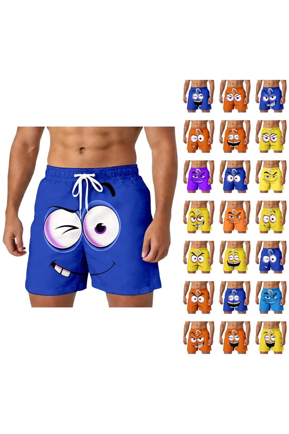 Mens Shorts Summer Casual Lightweight Elastic Waist Funny Face Graphic Straight Leg Beach Shorts with Pockets