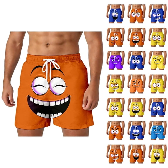 Mens Shorts Summer Casual Lightweight Elastic Waist Funny Face Graphic Straight Leg Beach Shorts with Pockets
