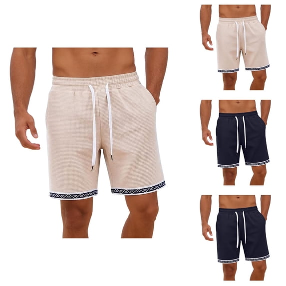 Mens Shorts Summer Casual Waffle Knit Elastic Waist Wide Straight Leg Relaxed Fit Beach Shorts with Pockets