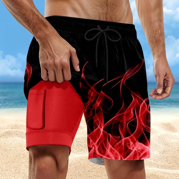 Mens Shorts Summer Compression Double Layer Liner Swim Trunks Fire Printed Elastic Waist Stretchy Mens Beach Shorts