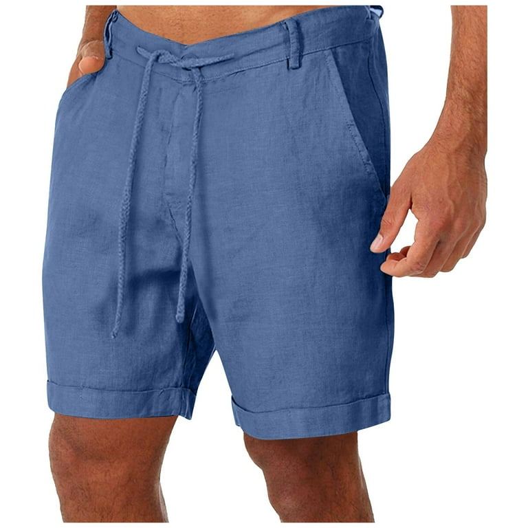 Mens Shorts Summer Cotton Linen Men s Shorts Solid Color Casual Drawstring Waist Lightweight Breathable Shorts Big and Tall Shorts for Men Color Blue Size M Walmart