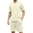 thumbnail image 1 of Mens Shorts and T shirt Sets Colloar Mens Summer 2 Piece Holiday Clothes Co ord Shorts Set with Half Zip Tracksuit Beige M, 1 of 7