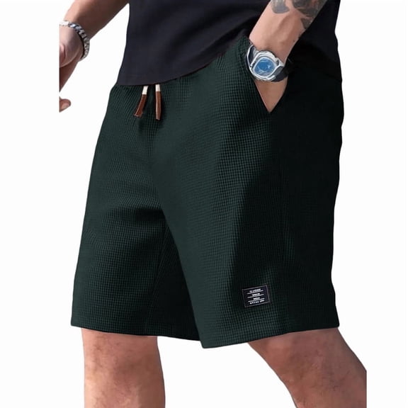 Mens Shorts with Pockets and Drawstring Jacquard Texture Casual Men's Shorts Waffle Knit Short, Dark Green, S