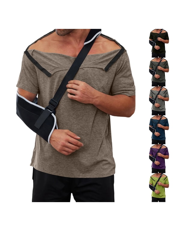 Mens Shoulder Surgery Recovery Shirt, Arm Sling Compatible, Side Snap Open Post-Op Tear Away Tee Blue L