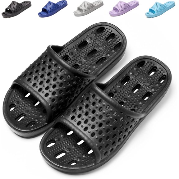 Mens Shower Shoes With Holes Dry Quickly Bath Slippers Womens Non Slip Indoor Home Bedroom Pool Spa Guest College Dorm-C-black9-10 Wide Women/7.5-8 Men