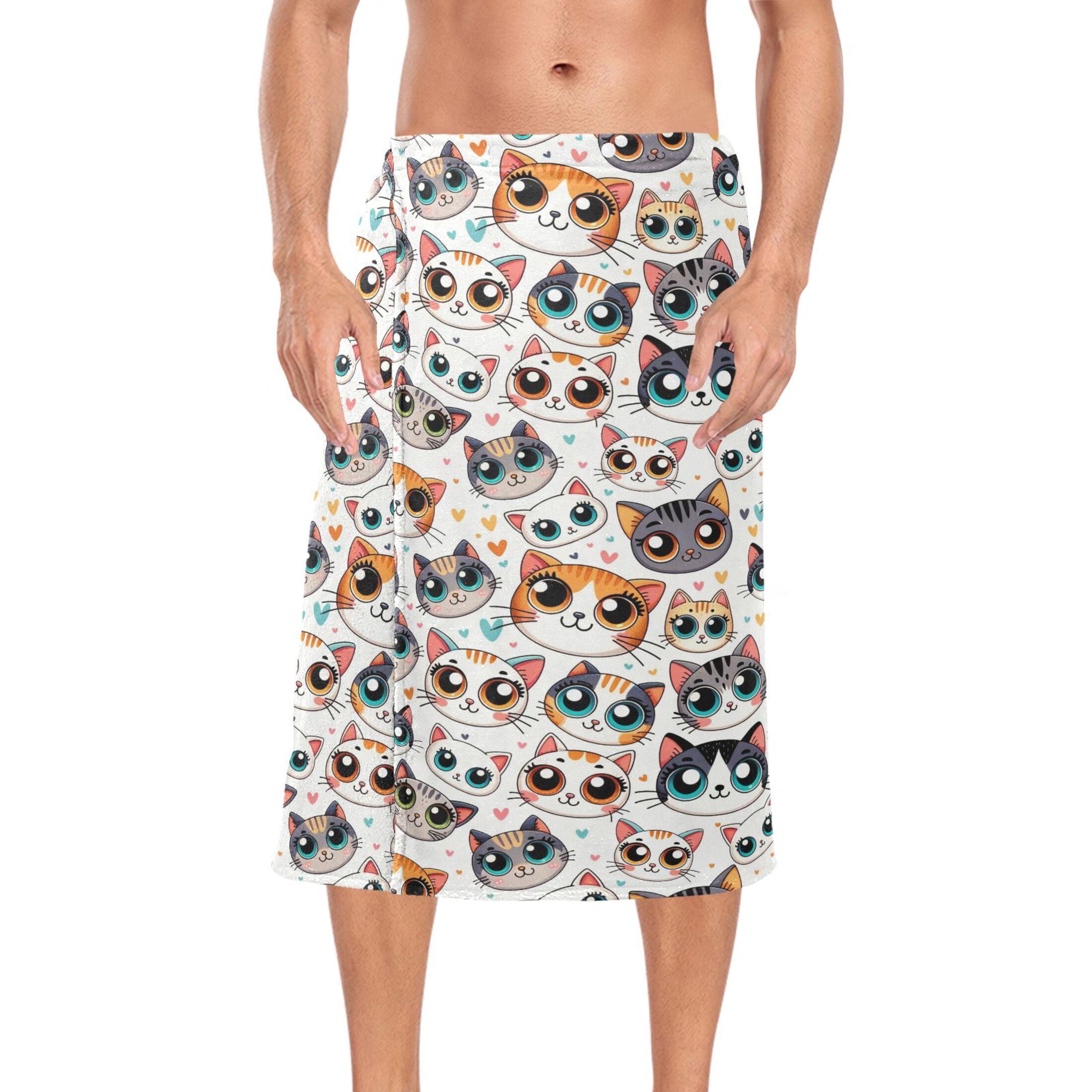 Mens Shower Wrap Adjustable Bath Wrap Towel Body Towels for Gym Shower Sauna Spa Cartoon Cat Face with Big Eye 60x28