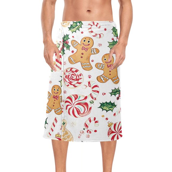 Mens Shower Wrap Adjustable Bath Wrap Towel Body Towels for Gym Shower Sauna Spa Gingerbread Men Holly Leaves 60x28